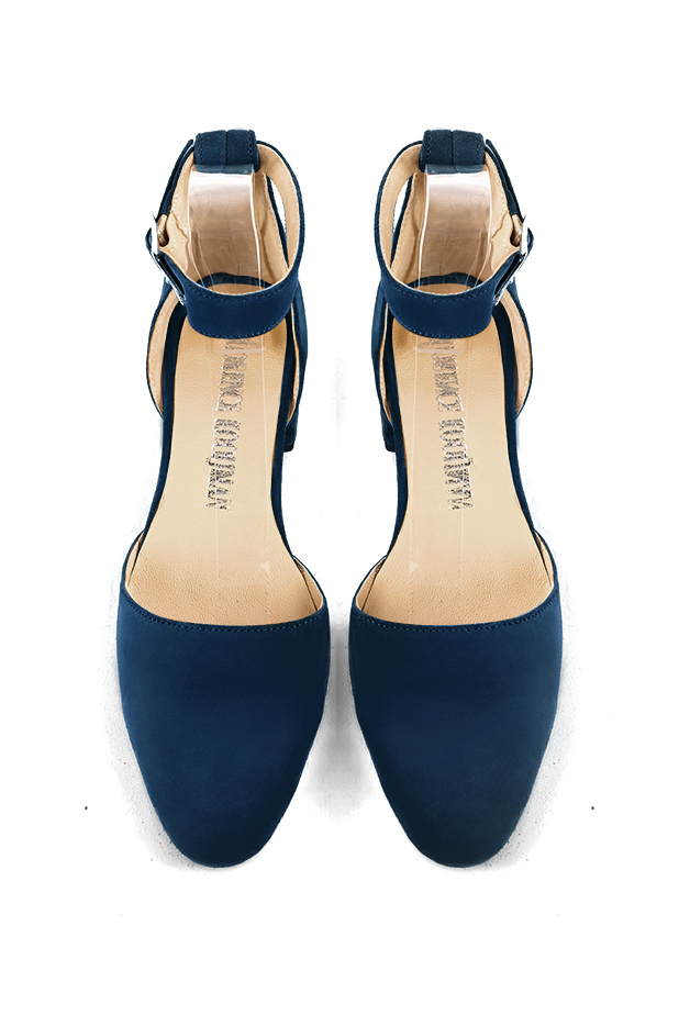 Women's navy blue open side dress shoes, with a strap around the ankle. Round toe. Low block heels - Top view